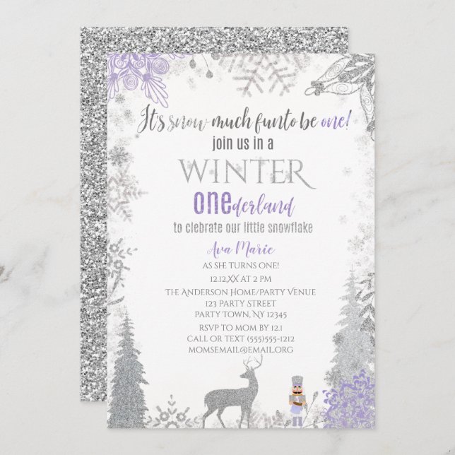 Invitation Hiver Onederland 1er Anniversaire Lavande Snowflak (Devant / Derrière)