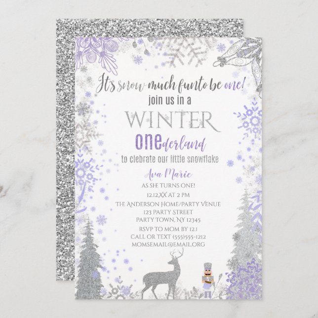 Invitation Hiver Onederland 1er Anniversaire Lavande Snowflak (Devant / Derrière)