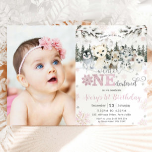 Invitation Hiver Onederland Animaux Arctiques Neige 1er Anniv