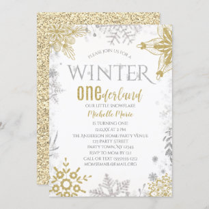 Invitation Hiver Onederland Anniversaire Silver Gold Snowflak