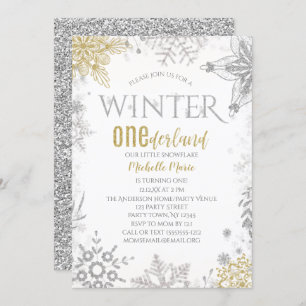 Invitation Hiver Onederland Anniversaire Silver Gold Snowflak