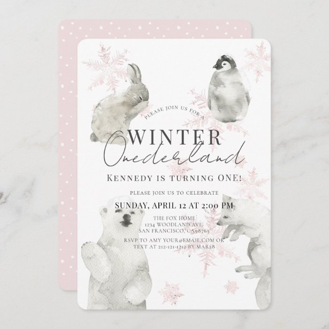 Invitation Hiver Onederland Arctic Animaux Fille 1er annivers (Devant / Derrière)