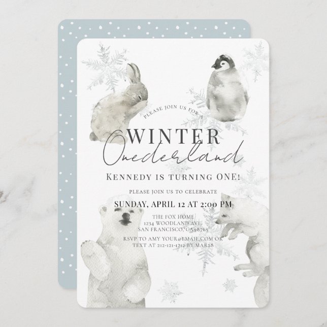 Invitation Hiver Onederland Arctic Animaux Garçon 1er anniver (Devant / Derrière)