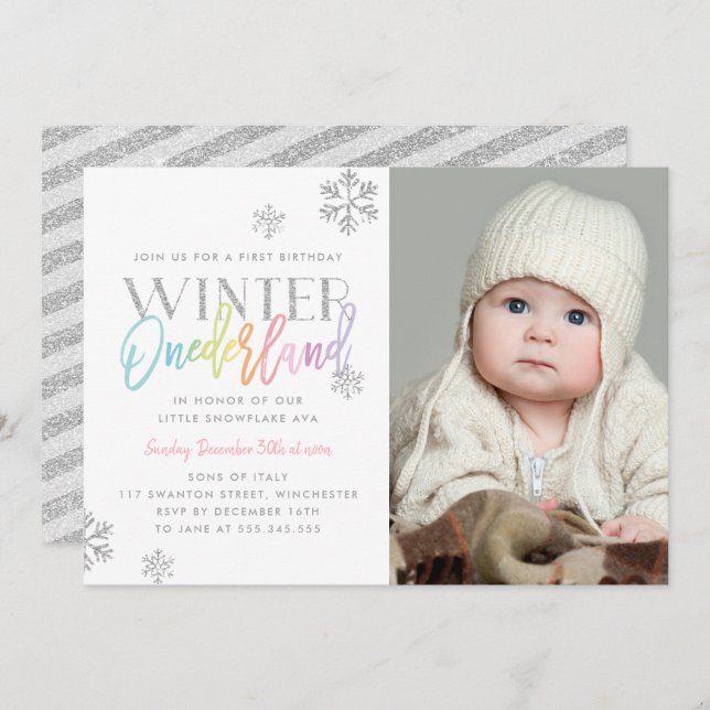 Invitation Hiver ONEderland Argent Arc-en-ciel 1er Anniversai (Devant / Derrière)