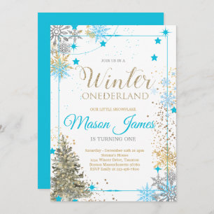 Invitation HIVER ONEderland Argent Bleu & Or 1er anniversaire