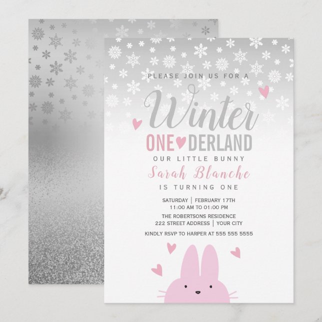 Invitation Hiver Onederland Argent Rose 1er Anniversaire (Devant / Derrière)