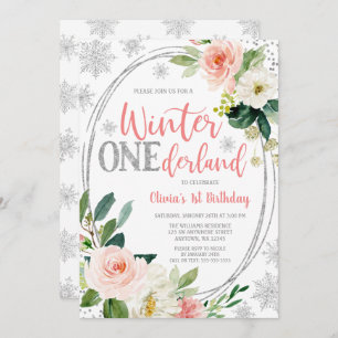 Invitation Hiver ONEderland Argent rose Floral Anniversaire