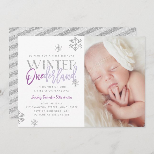Invitation Hiver ONEderland Argent violet 1er anniversaire Ph (Devant / Derrière)