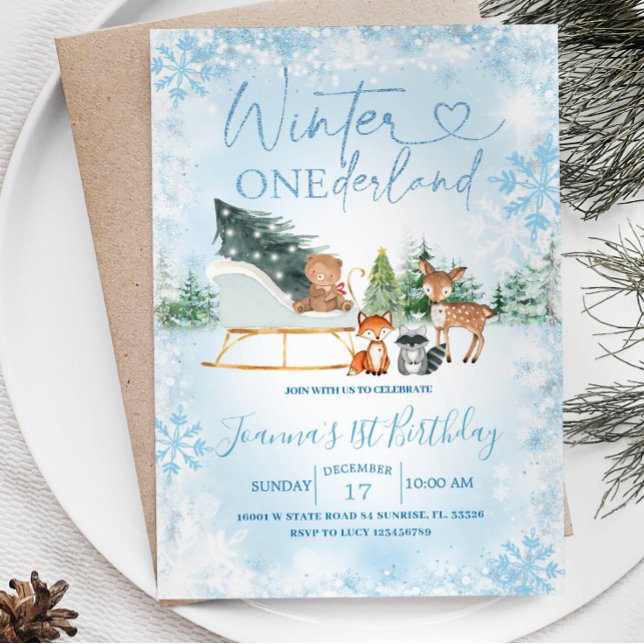 Invitation Hiver Onederland Bleu Flocon de neige Animal Anniv (Créateur téléchargé)