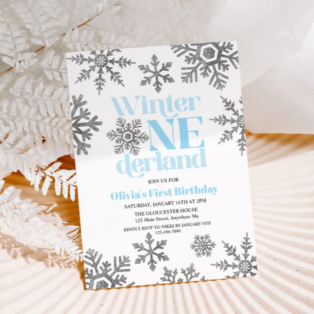 Invitation Hiver Onederland Bleu Silver Snowflake Anniversair (Créateur téléchargé)