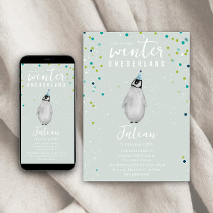 Invitation Hiver Onederland Blue Anniversaire Penguin Confett