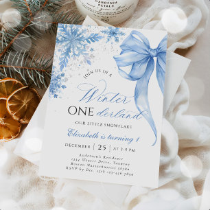 Invitation Hiver Onederland Blue Bow Snowflake Anniversaire