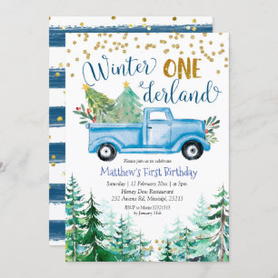 Invitation Hiver Onederland Blue Christmas Truck Anniversaire