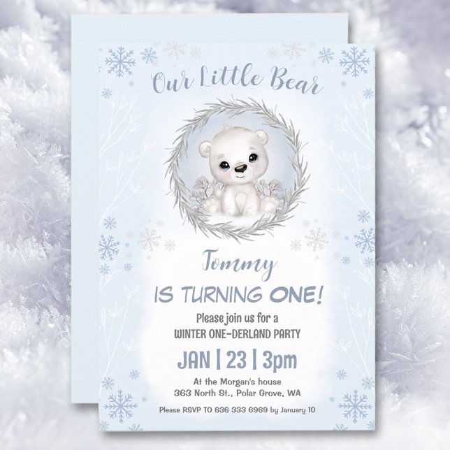Invitation Hiver Onederland Blue Polar Bear Garçon 1er annive (Winter Onederland Blue Polar Bear Boy 1st Birthday Invitation)