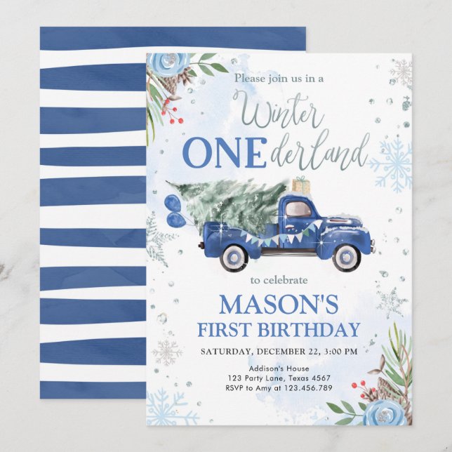 Invitation Hiver Onederland Blue Truck Premier anniversaire (Devant / Derrière)