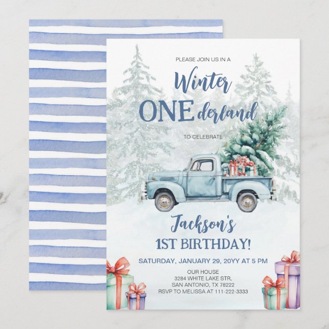 Invitation Hiver Onederland Blue Truck Premier anniversaire (Devant / Derrière)