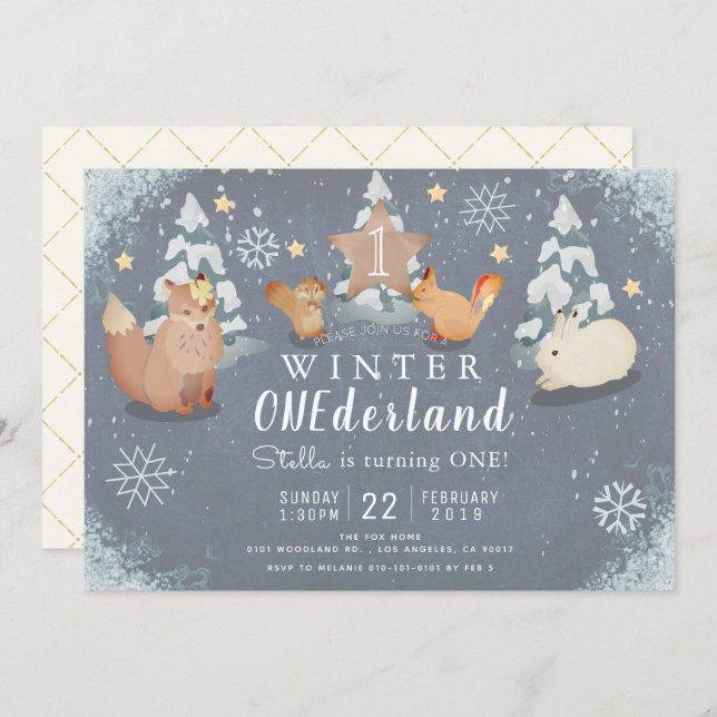Invitation Hiver Onederland Bois Animaux 1er anniversaire (Devant / Derrière)