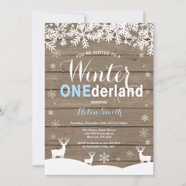 Invitation Hiver Onederland Bois Rustique Garçon 1er Annivers (Devant)
