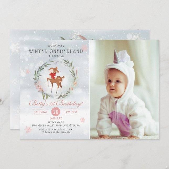 Invitation Hiver Onederland Cerf Baby First Birthday Photo (Devant / Derrière)