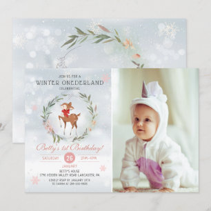 Invitation Hiver Onederland Cerf Baby First Birthday Photo