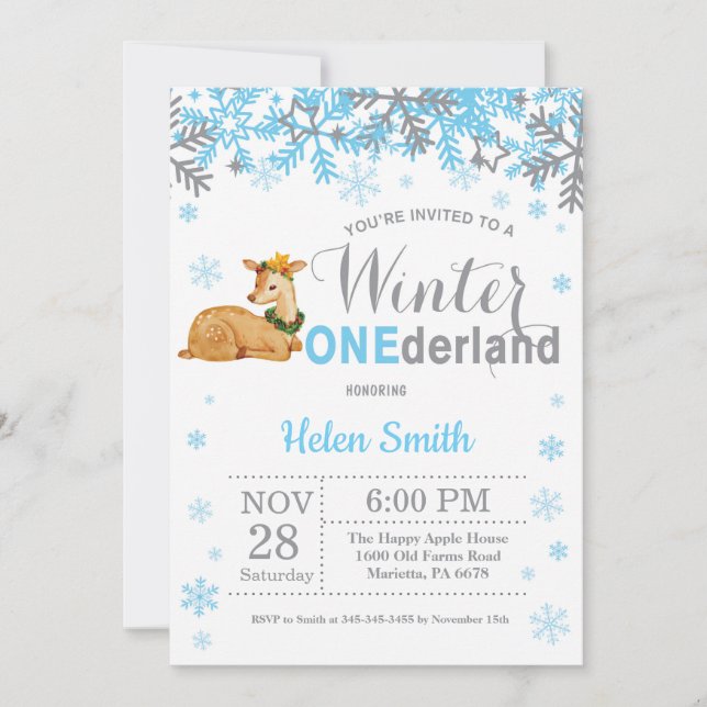 Invitation Hiver Onederland Cerf Boy 1er anniversaire (Devant)