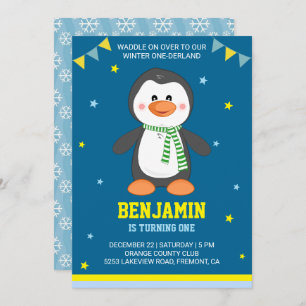 Invitation Hiver Onederland Cute Penguin 1er anniversaire Inv