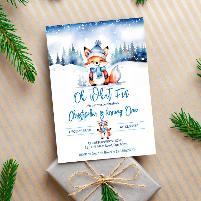 Invitation Hiver onederland fête d'anniversaire de renard mig (Winter onderland cute fox birthday editable template invitation digital download watercolor forest)