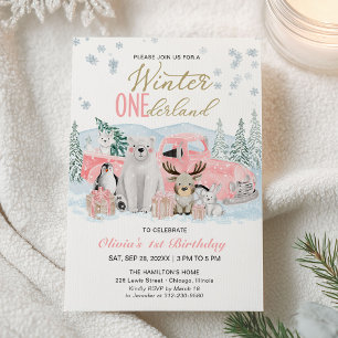 Invitation Hiver Onederland Fille aux Animaux Arctiques 1er A