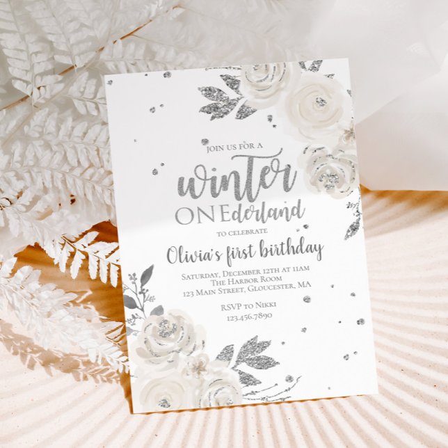 Invitation Hiver Onederland Fleurs Pailletées Argentées (Créateur téléchargé)