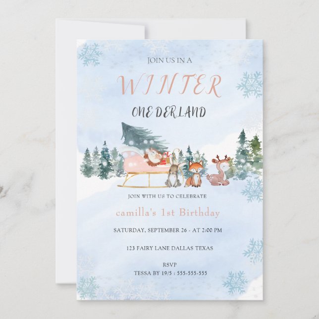 Invitation Hiver Onederland Flocon de neige Animal Anniversai (Devant)