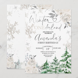 Invitation Hiver Onederland Flocon de neige blanc Floral Anni