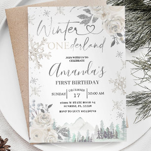Invitation Hiver Onederland Flocon de neige blanc Floral Anni