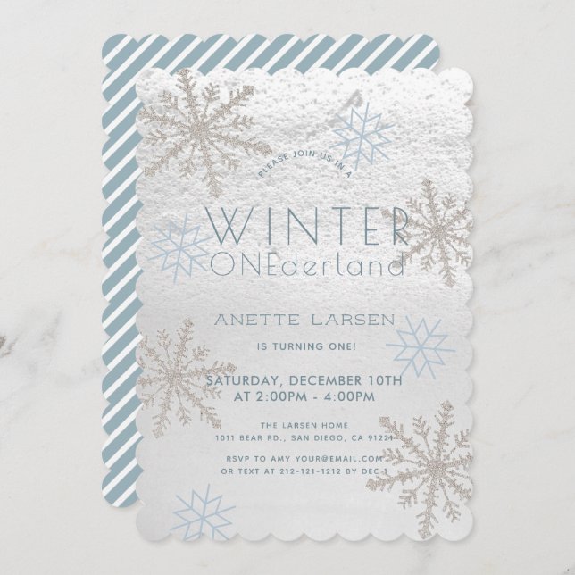 Invitation Hiver Onederland Flocon de neige Bleu 1er annivers (Devant / Derrière)
