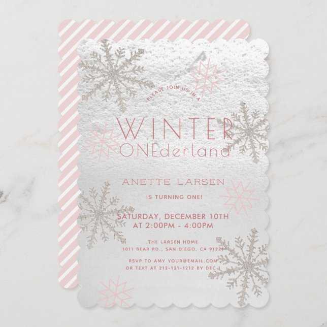 Invitation Hiver Onederland Flocon de neige rose 1er annivers (Devant / Derrière)