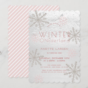 Invitation Hiver Onederland Flocon de neige rose 1er annivers