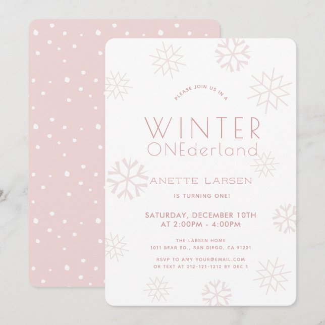 Invitation Hiver Onederland Flocon de neige rose 1er annivers (Devant / Derrière)