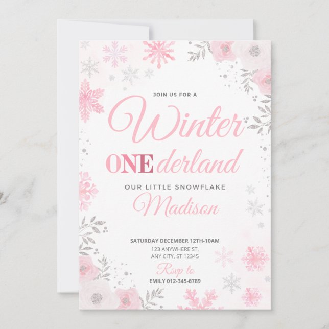 Invitation Hiver ONEderland Flocon de neige rose 1ère Invitat (Devant)