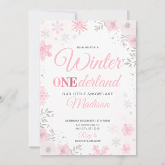 Invitation Hiver ONEderland Flocon de neige rose 1ère Invitat