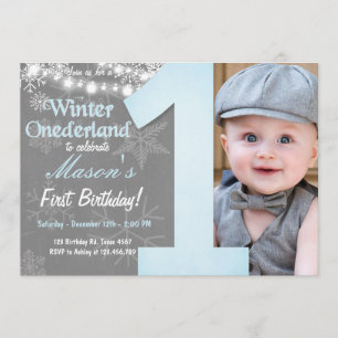 Invitation Hiver Onederland Garçon Grey Feu de neige Annivers