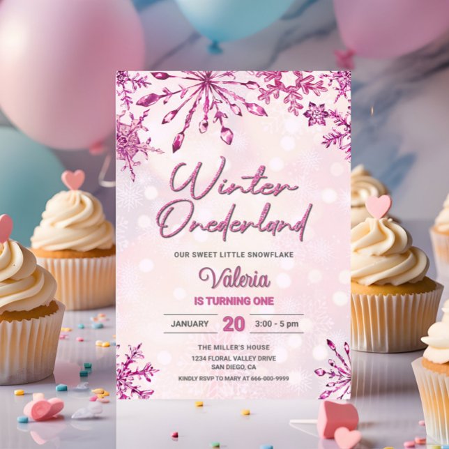 Invitation Hiver Onederland Little Snowflake 1er anniversaire (Pink snowflakes winter onederland 1st birthday party invitation)