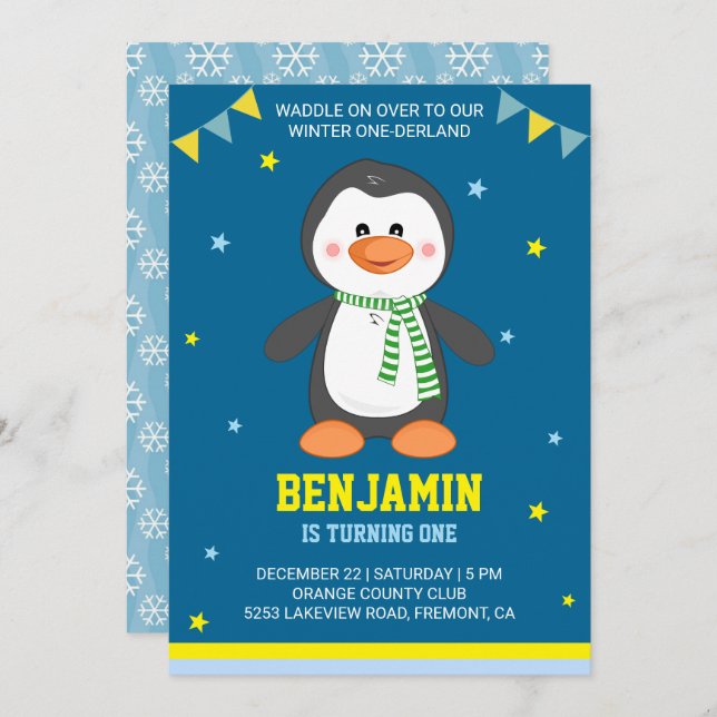 Invitation Hiver Onederland mignon Penguin 1er anniversaire I (Devant / Derrière)
