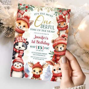 Invitation Hiver Onederland Mignonne Animaux d'hiver 1er anni