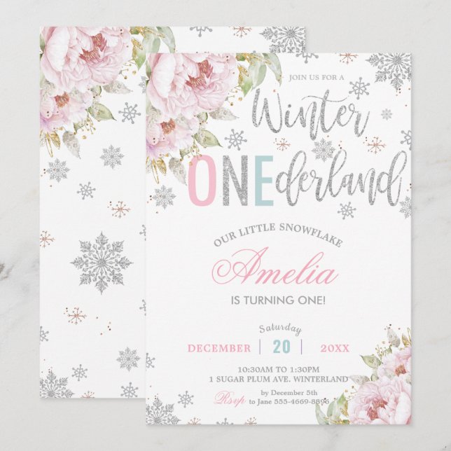 Invitation Hiver Onederland Noël Baby Girl 1er anniversaire (Devant / Derrière)