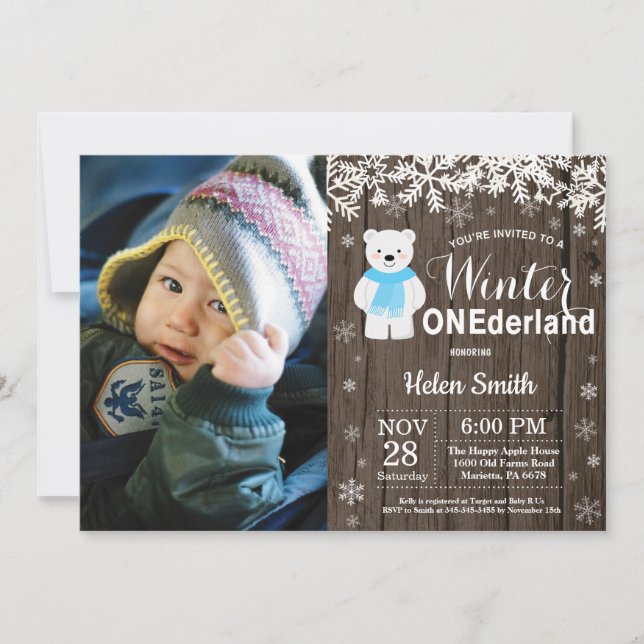 Invitation Hiver Onederland Ours Polaire Garçon 1er anniversa (Devant)