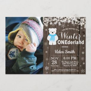 Invitation Hiver Onederland Ours Polaire Garçon 1er anniversa