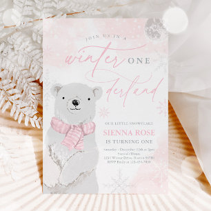 Invitation Hiver Onederland Ours rose Polaire Anniversaire