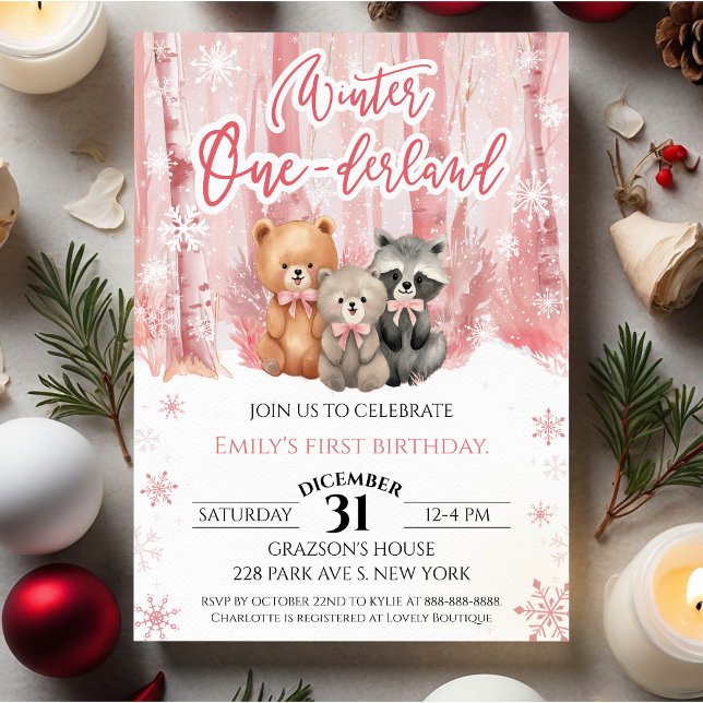 Invitation Hiver Onederland Ours Rose Premier Anniversaire (Créateur téléchargé)
