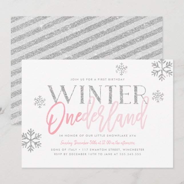 Invitation Hiver ONEderland Parties scintillant d'argent rose (Devant / Derrière)