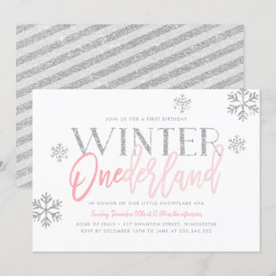 Invitation Hiver ONEderland Parties scintillant d'argent rose