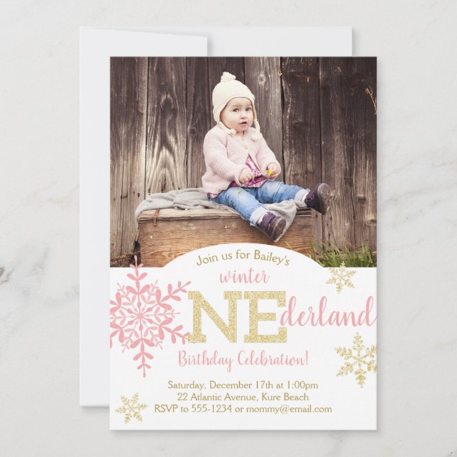 Invitation Hiver ONEderland Parties scintillant rose et or 1e (Devant)